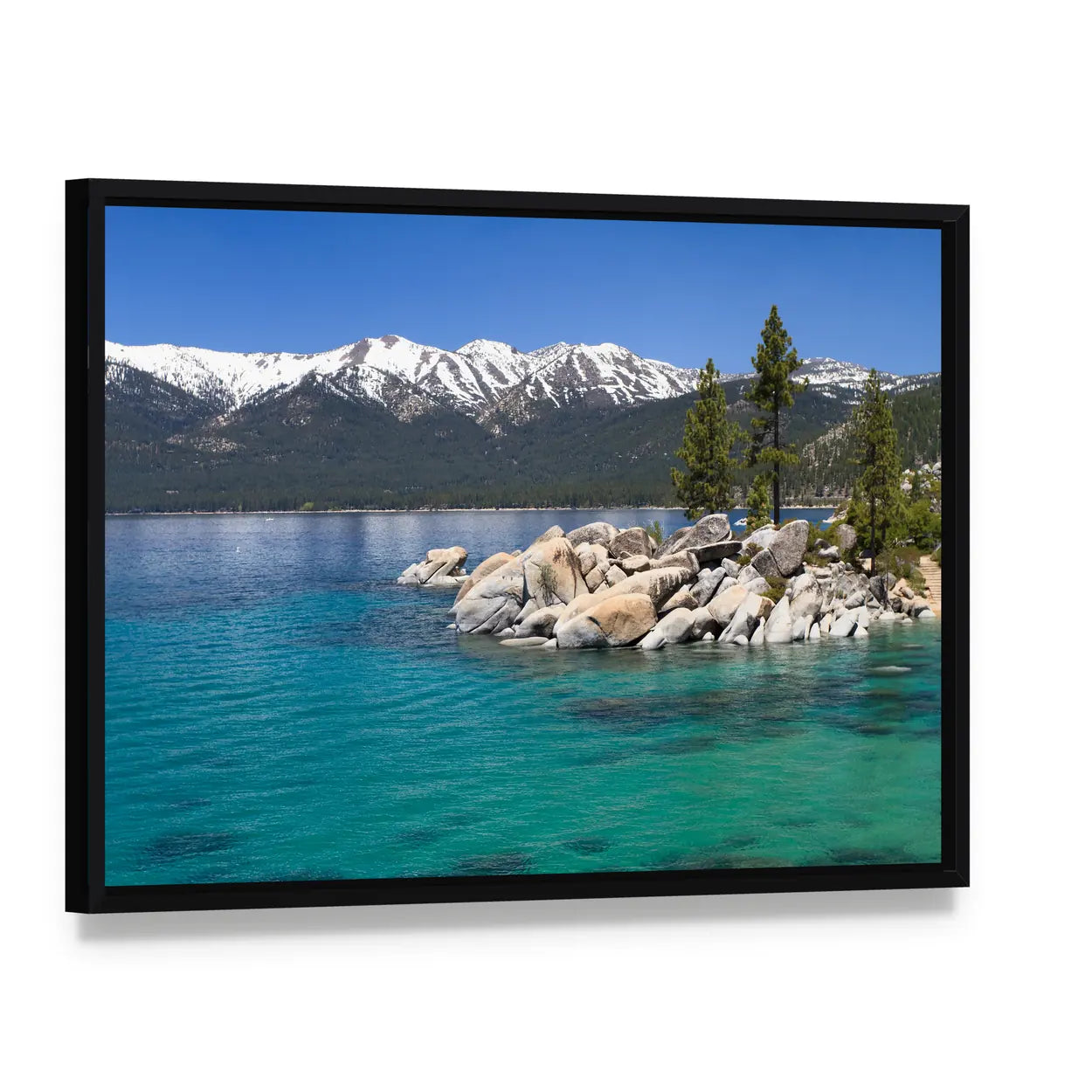 Sand Harbor Lake Tahoe Landscape Canvas Wall Art, framed canvas in a black floater frame, angled product view