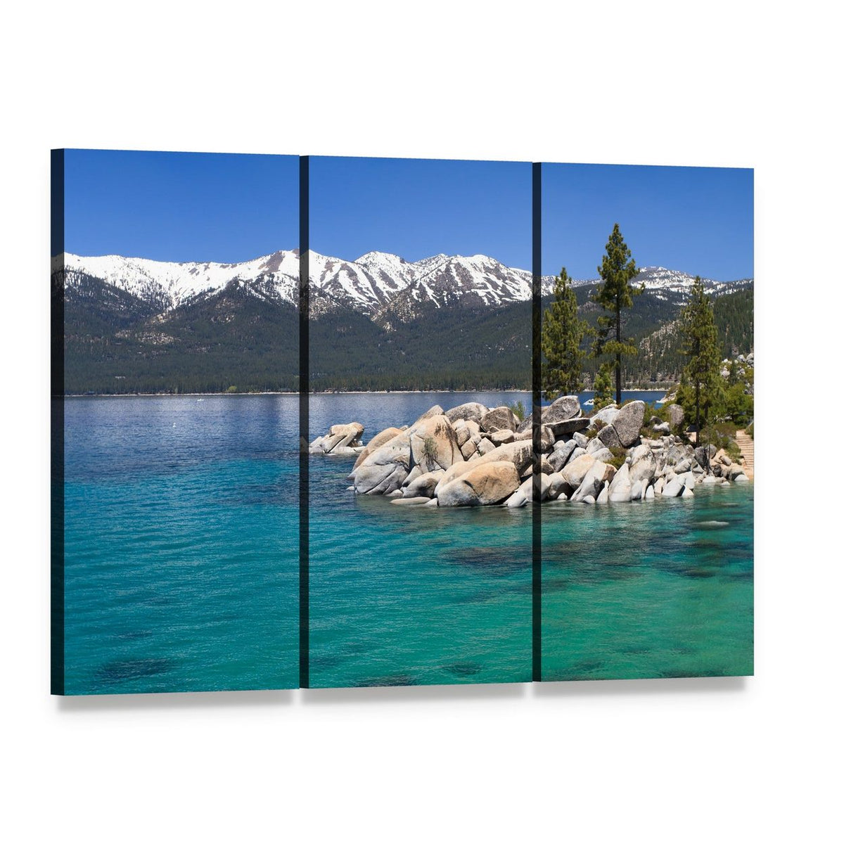 Sand Harbor Lake Tahoe Canvas Wall Art, 3 panel 3 Horizontal layout gallery wrapped canvas set, angled product view