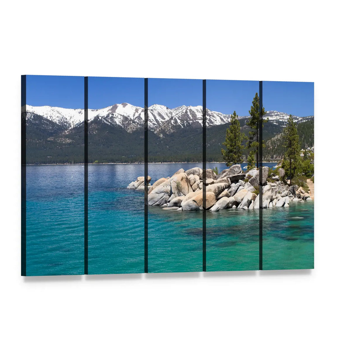 Sand Harbor Lake Tahoe Landscape Canvas Wall Art, 5 panel 5 Horizontal layout gallery wrapped canvas set, angled product view