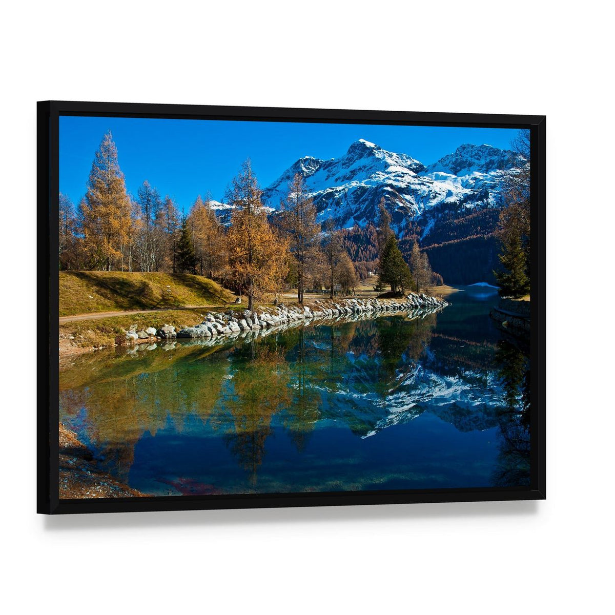 Silvaplana Lake Switzerland Canvas Wall Art, framed canvas in a black floater frame, angled product view