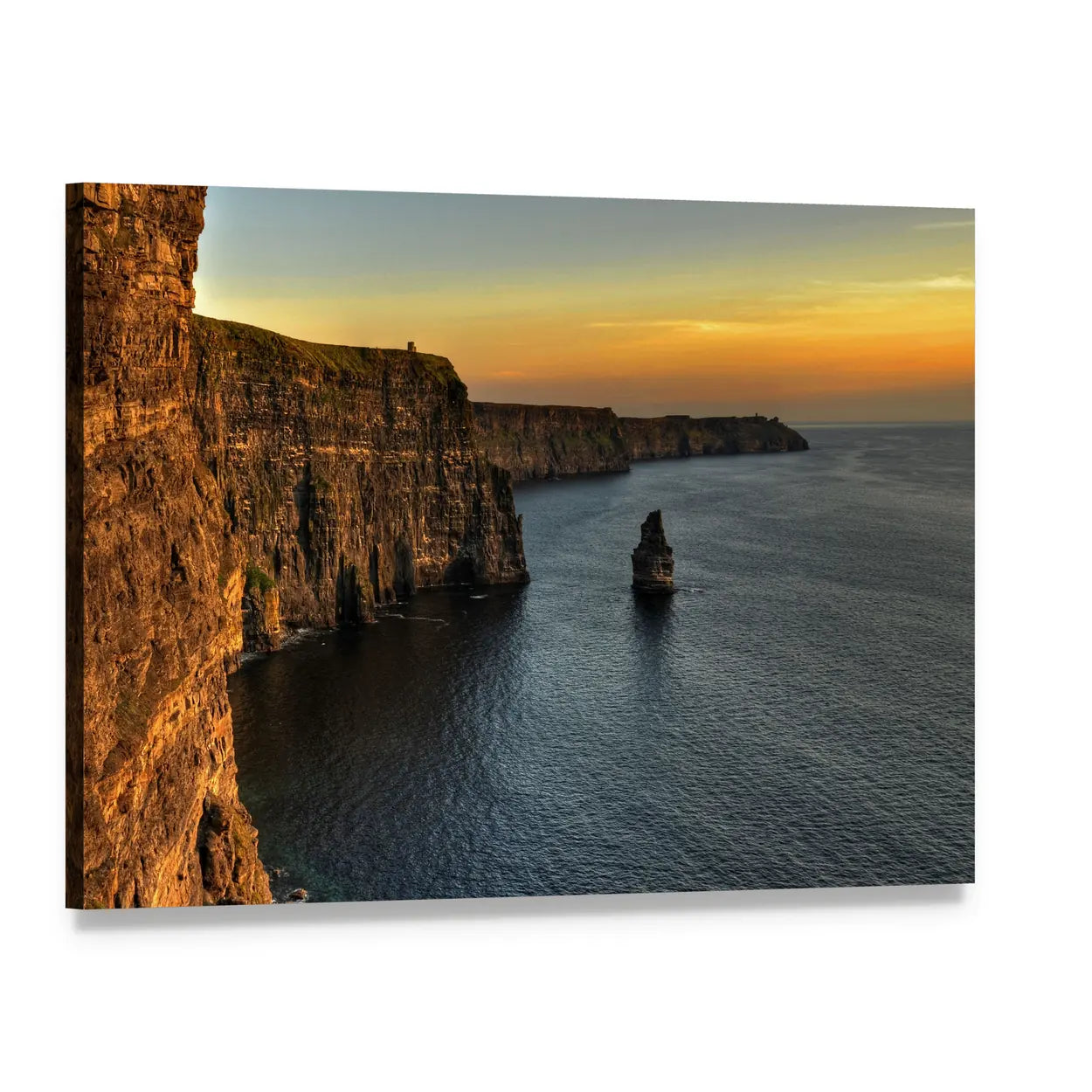 Cliffs of Moher at Sunset with Sea Stack Canvas Wall Art, single panel gallery wrapped canvas, angled product view