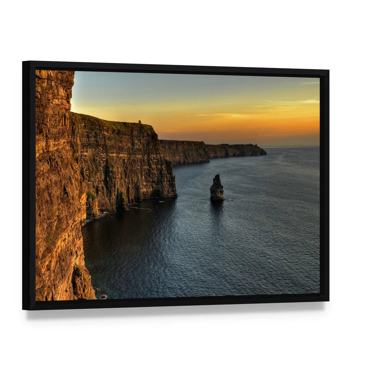 Cliffs of Moher at Sunset with Sea Stack Canvas Wall Art, framed canvas in a black floater frame, angled product view