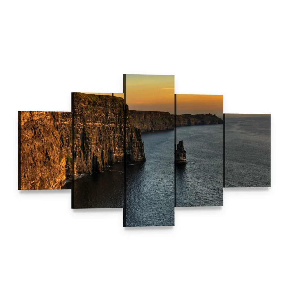 Cliffs of Moher at Sunset with Sea Stack Canvas Wall Art, 5 panel 5 Star layout gallery wrapped canvas set, angled product view