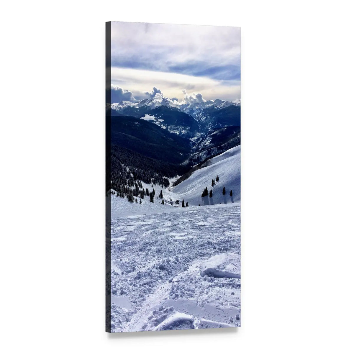 Ski Tracks in Mountain Valley Vertical Canvas Wall Art, 1 panel 1 Vertical layout gallery wrapped canvas set, angled product view