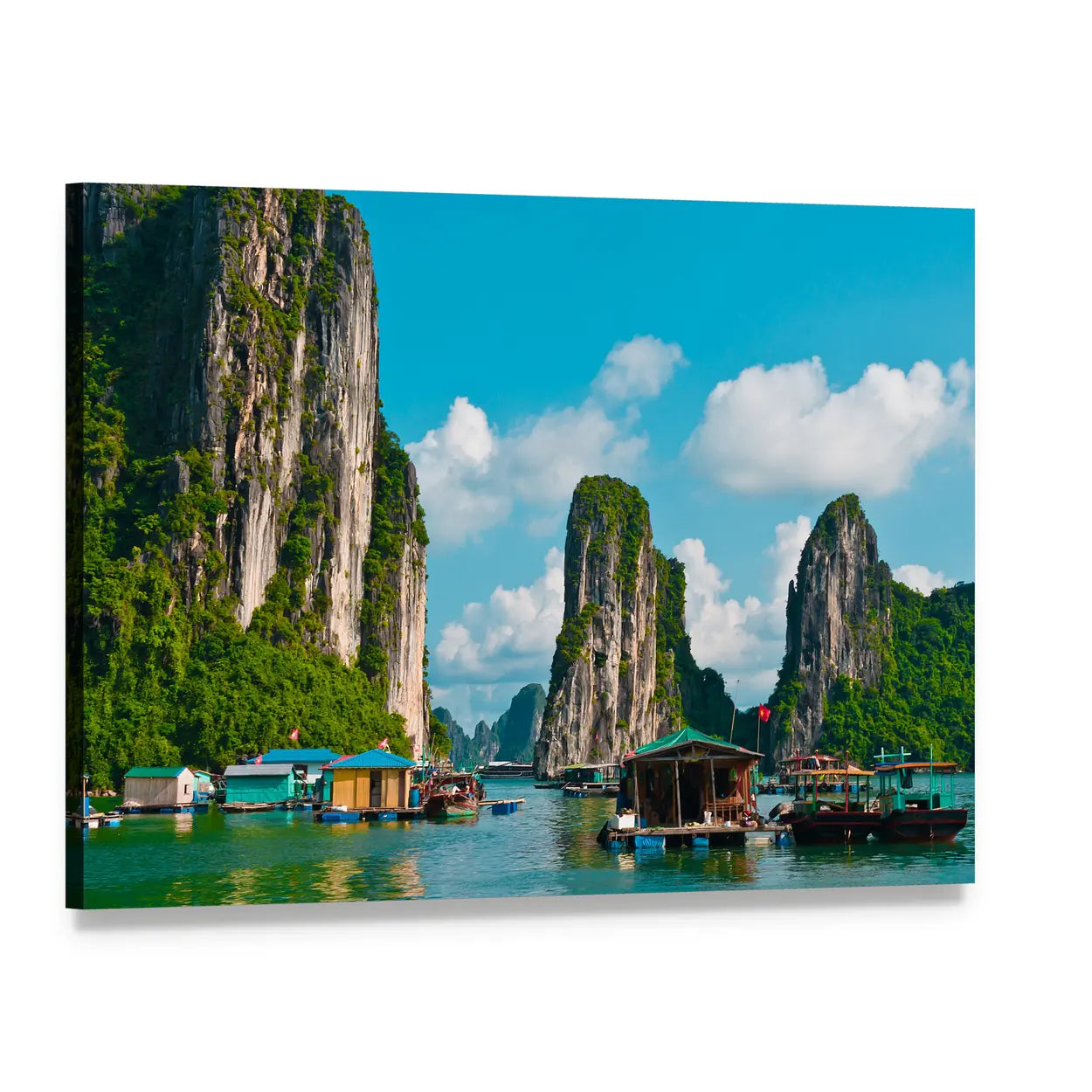Floating Fishing Village Canvas Wall Art, single panel gallery wrapped canvas, angled product view