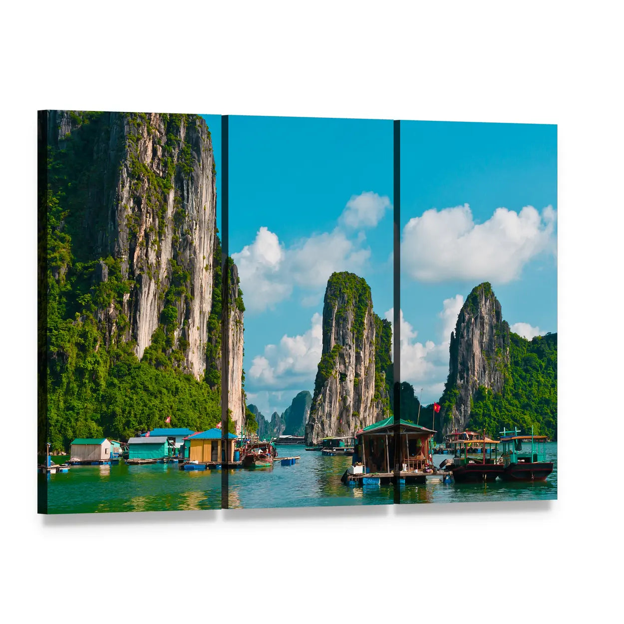 Floating Fishing Village Canvas Wall Art, 3 panel 3 Horizontal layout gallery wrapped canvas set, angled product view