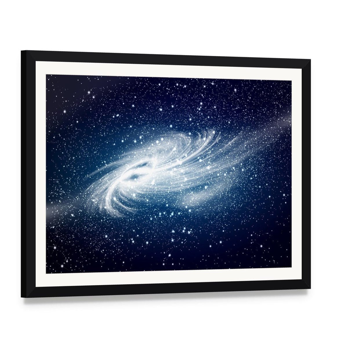 Spiral Galaxy Against Black Space Canvas Wall Art, framed print with white mat and black frame, angled product view