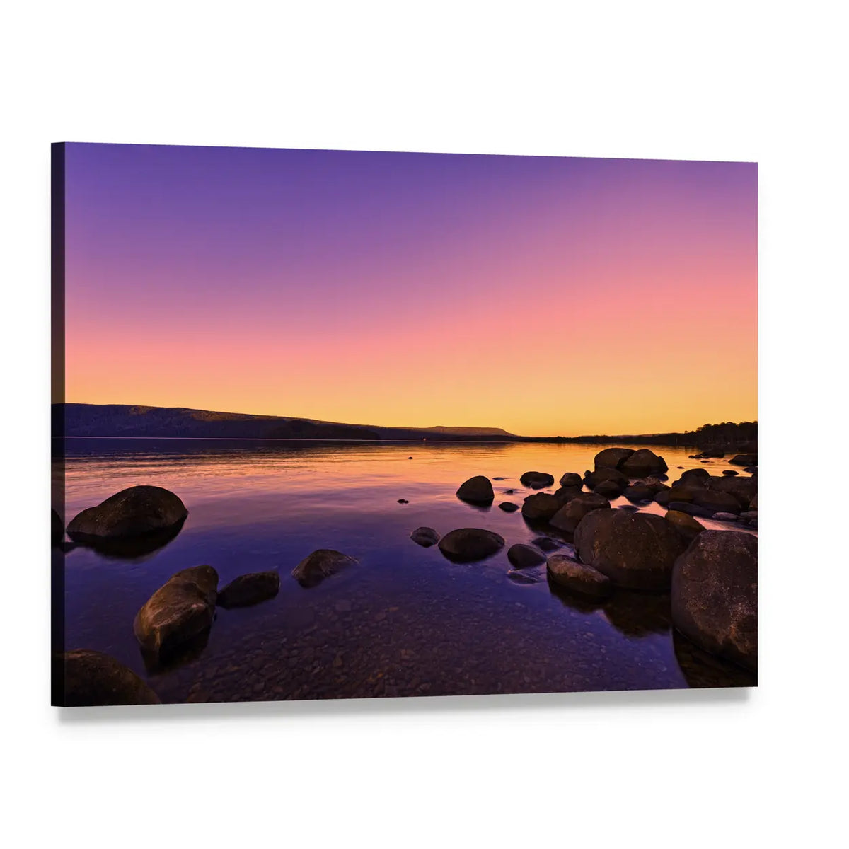 Sunrise Above a Lake Canvas Wall Art, single panel gallery wrapped canvas, angled product view