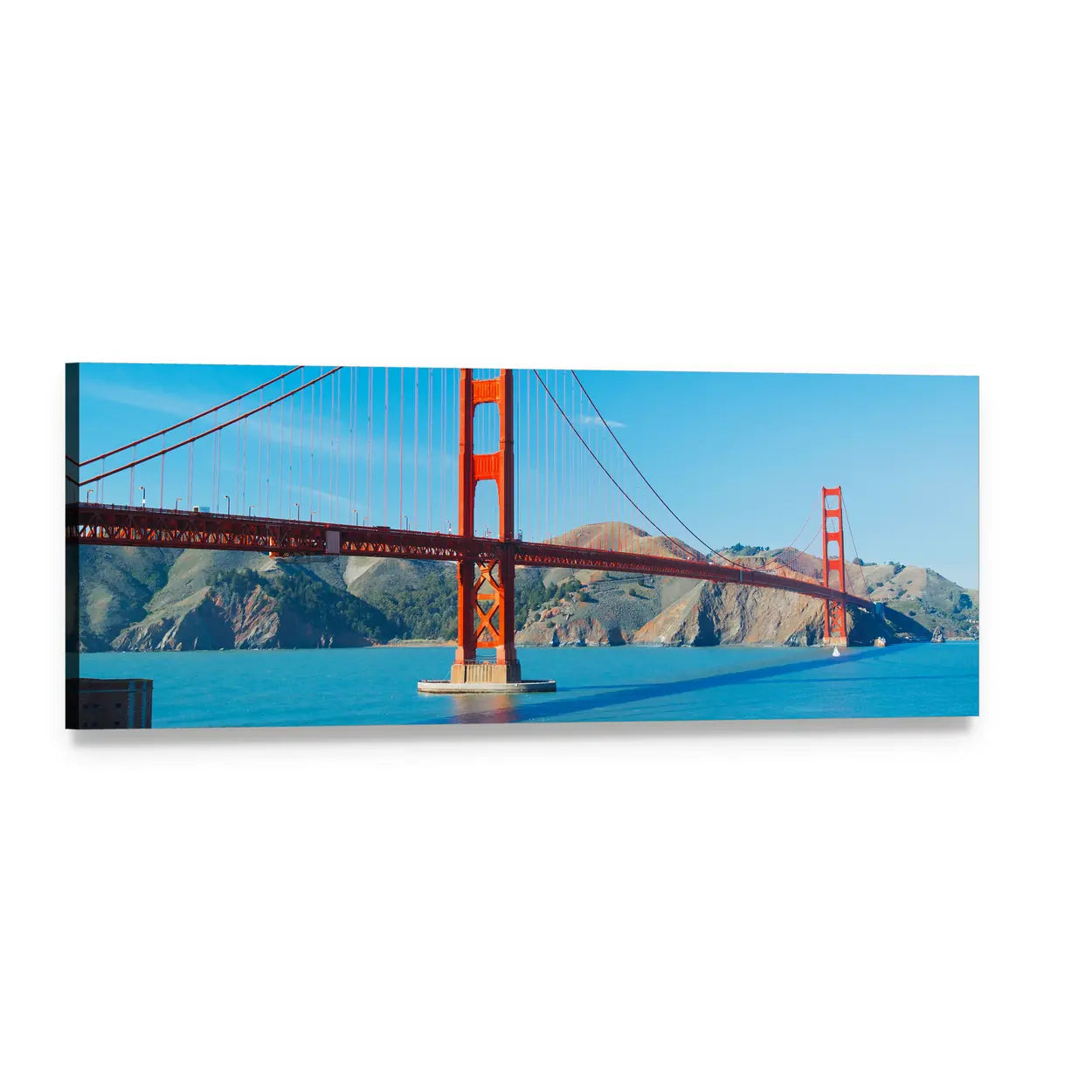 Golden Gate Bridge Over Calm Water Panoramic Canvas Wall Art, single panel gallery wrapped canvas, angled product view