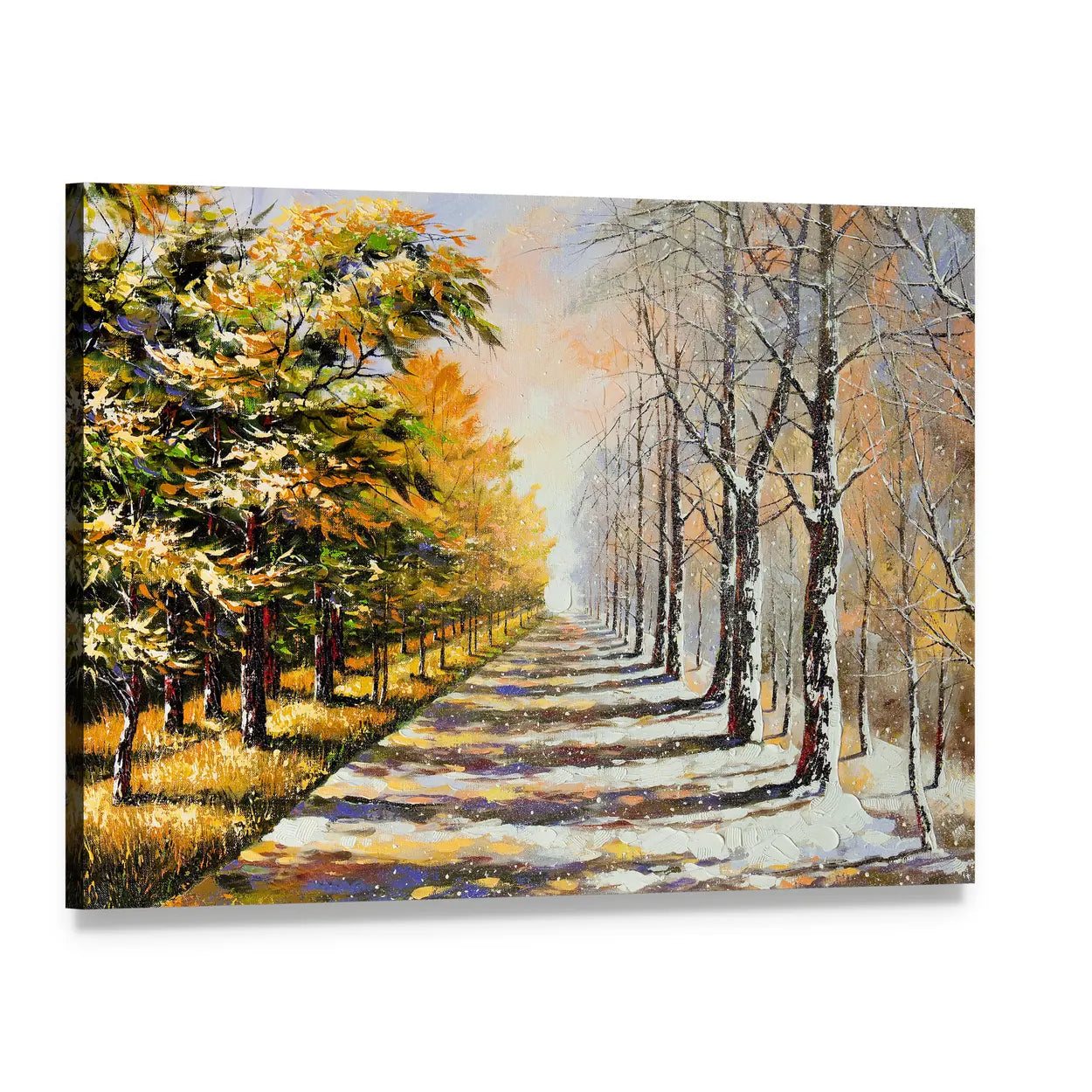 Autumn Walkway with Snow Canvas Wall Art, single panel gallery wrapped canvas, angled product view