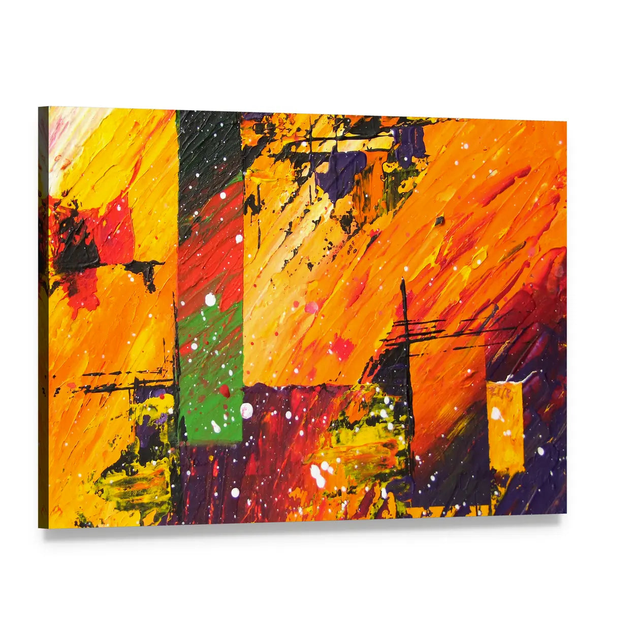 Energetic Orange Abstract with Green Block Canvas Wall Art, single panel gallery wrapped canvas, angled product view