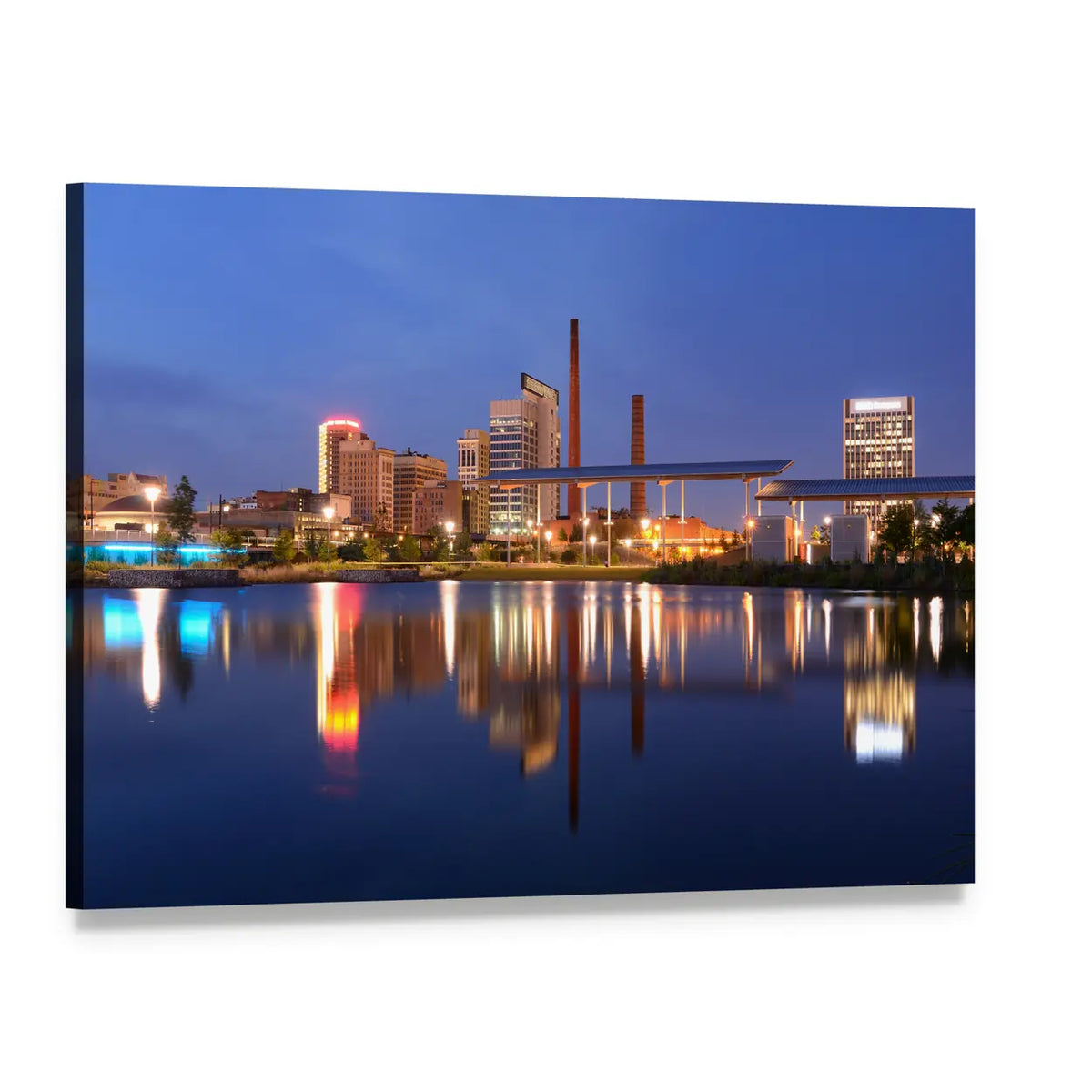 Birmingham Alabama Railroad Park Skyline Canvas Wall Art, single panel gallery wrapped canvas, angled product view