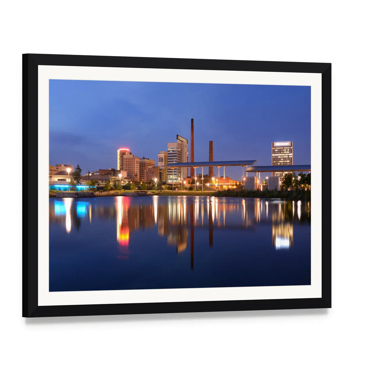 Birmingham Alabama Railroad Park Skyline Canvas Wall Art, framed print with white mat and black frame, angled product view
