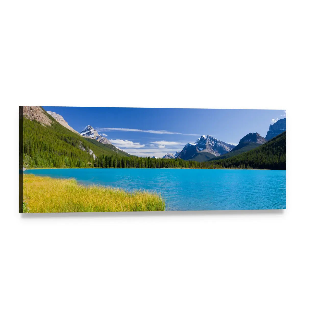 Canadian Glacial Lake with Turquoise Water Panoramic Canvas Wall Art, single panel gallery wrapped canvas, angled product view