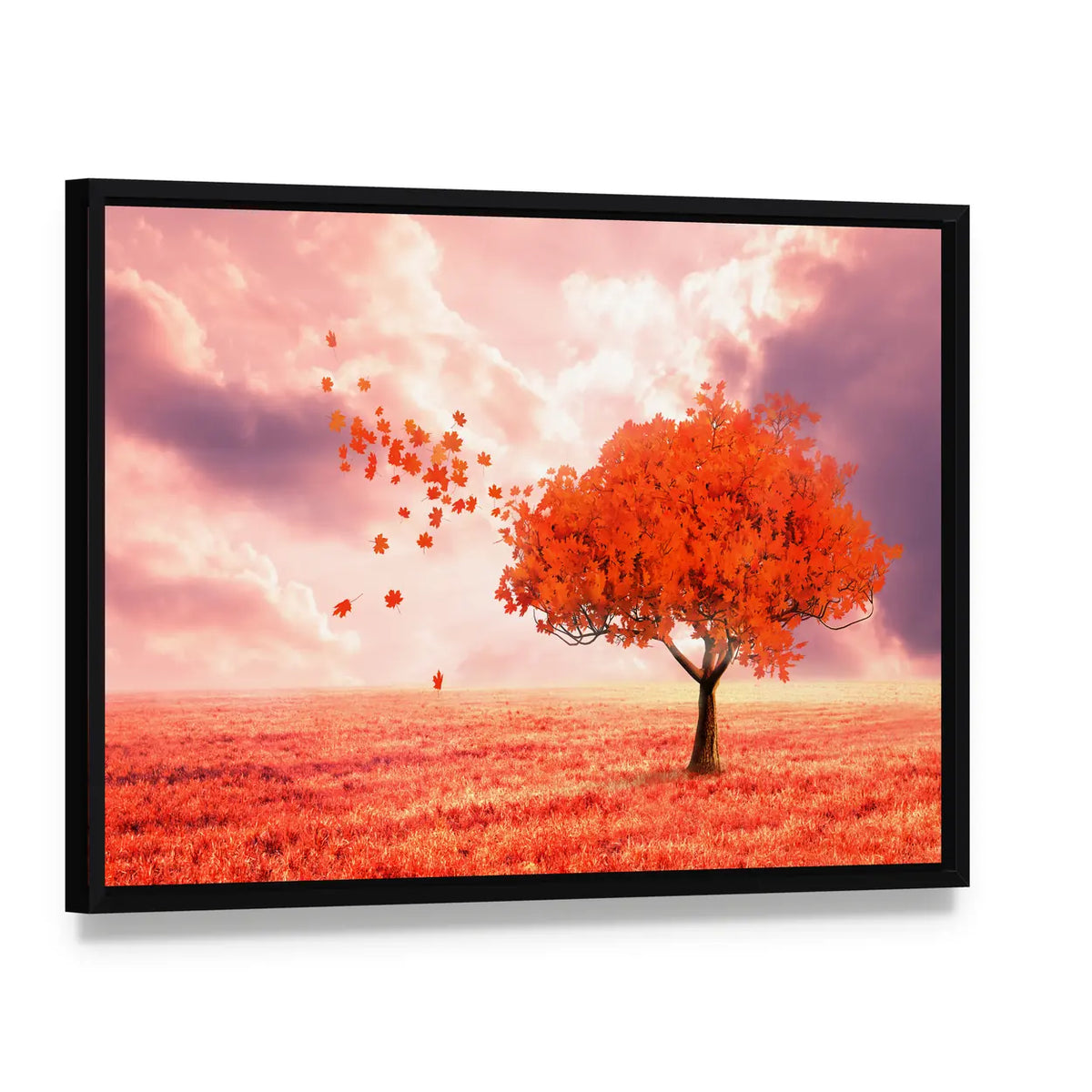 Dreamlike Red Autumn Tree Canvas Wall Art, framed canvas in a black floater frame, angled product view