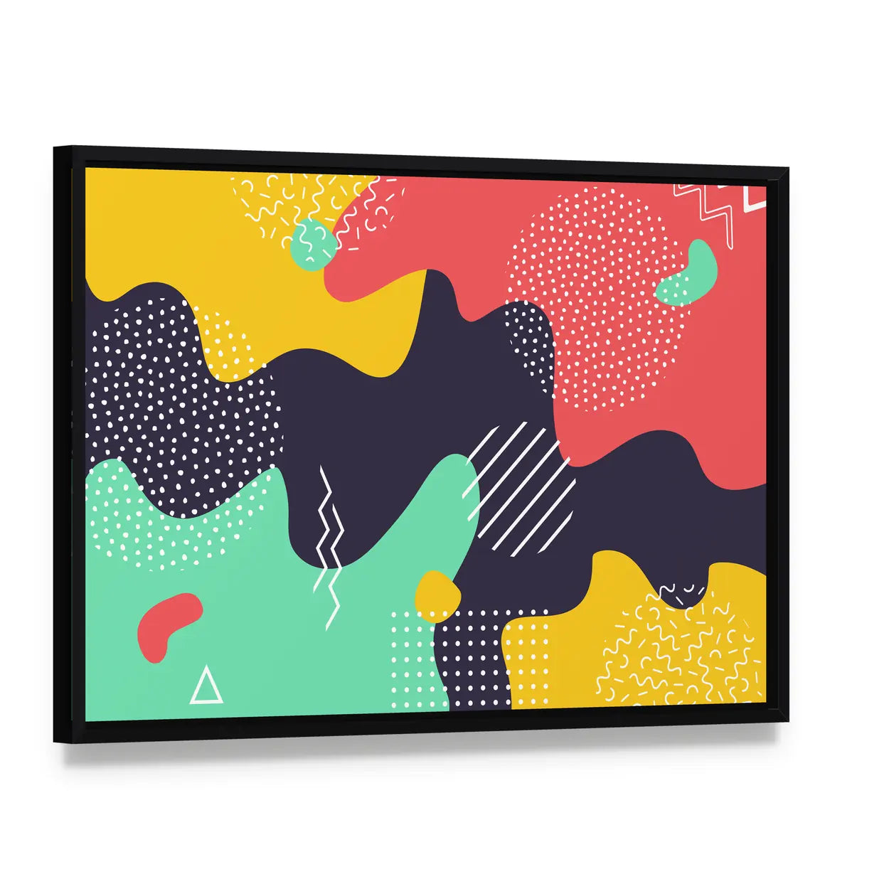 Abstract Liquid Splash Pattern Canvas Wall Art, framed canvas in a black floater frame, angled product view