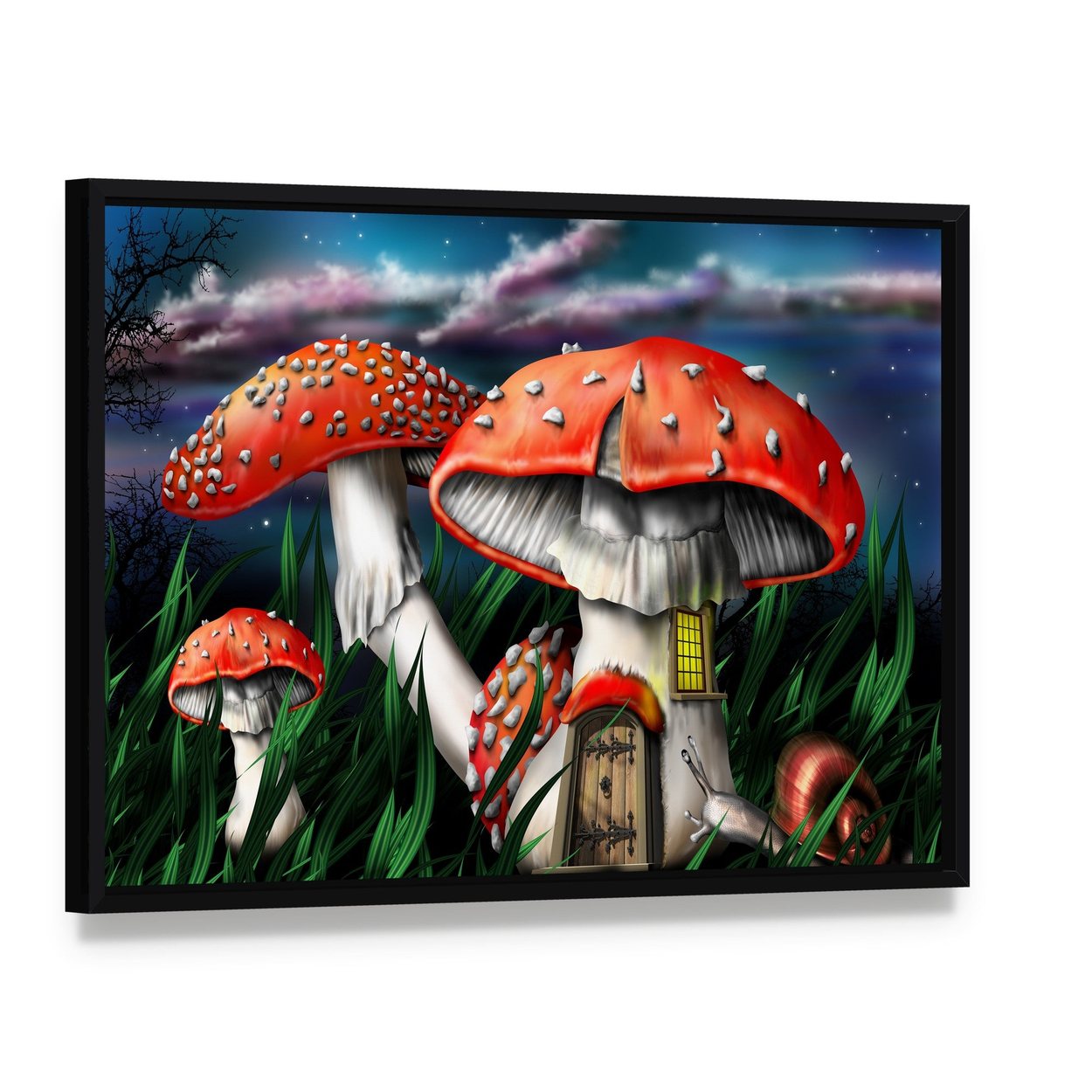 Magical Mushroom House Under Starry Sky Canvas Wall Art, framed canvas in a black floater frame, angled product view