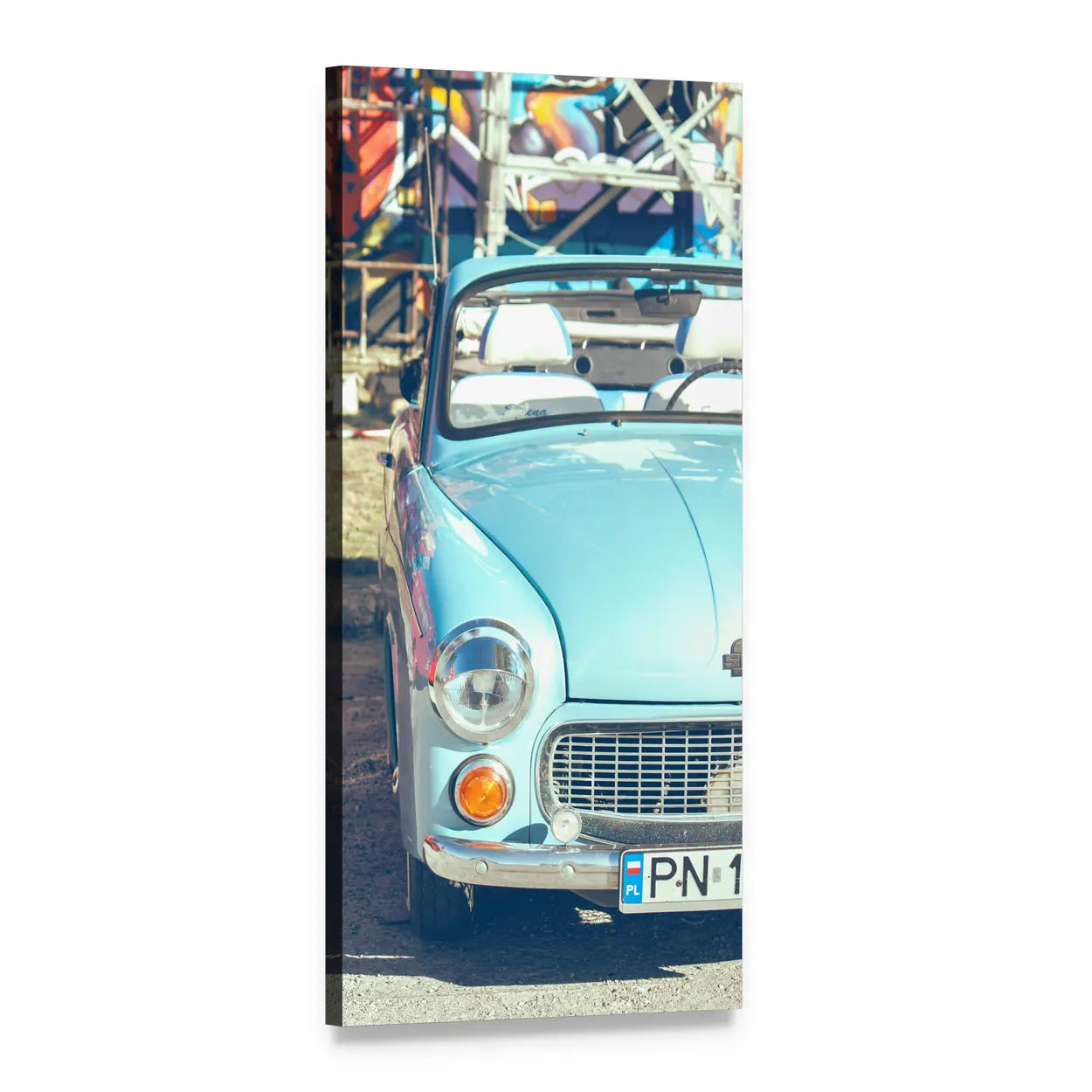 Light Blue Vintage Beetle Vertical Canvas Wall Art, 1 panel 1 Vertical layout gallery wrapped canvas set, angled product view