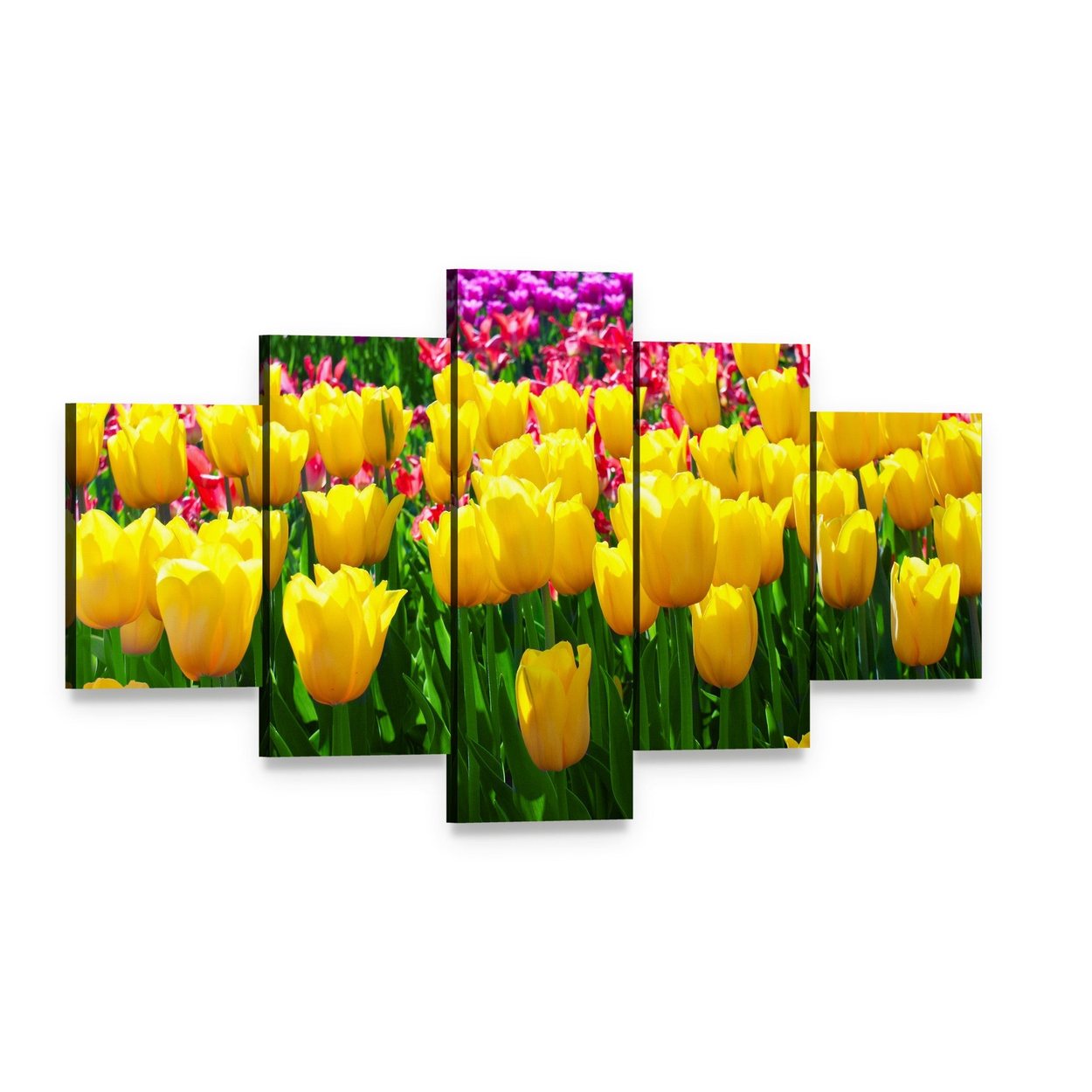 Tulips Field Yellow Flowers Canvas Wall Art, 5 panel 5 Star layout gallery wrapped canvas set, angled product view