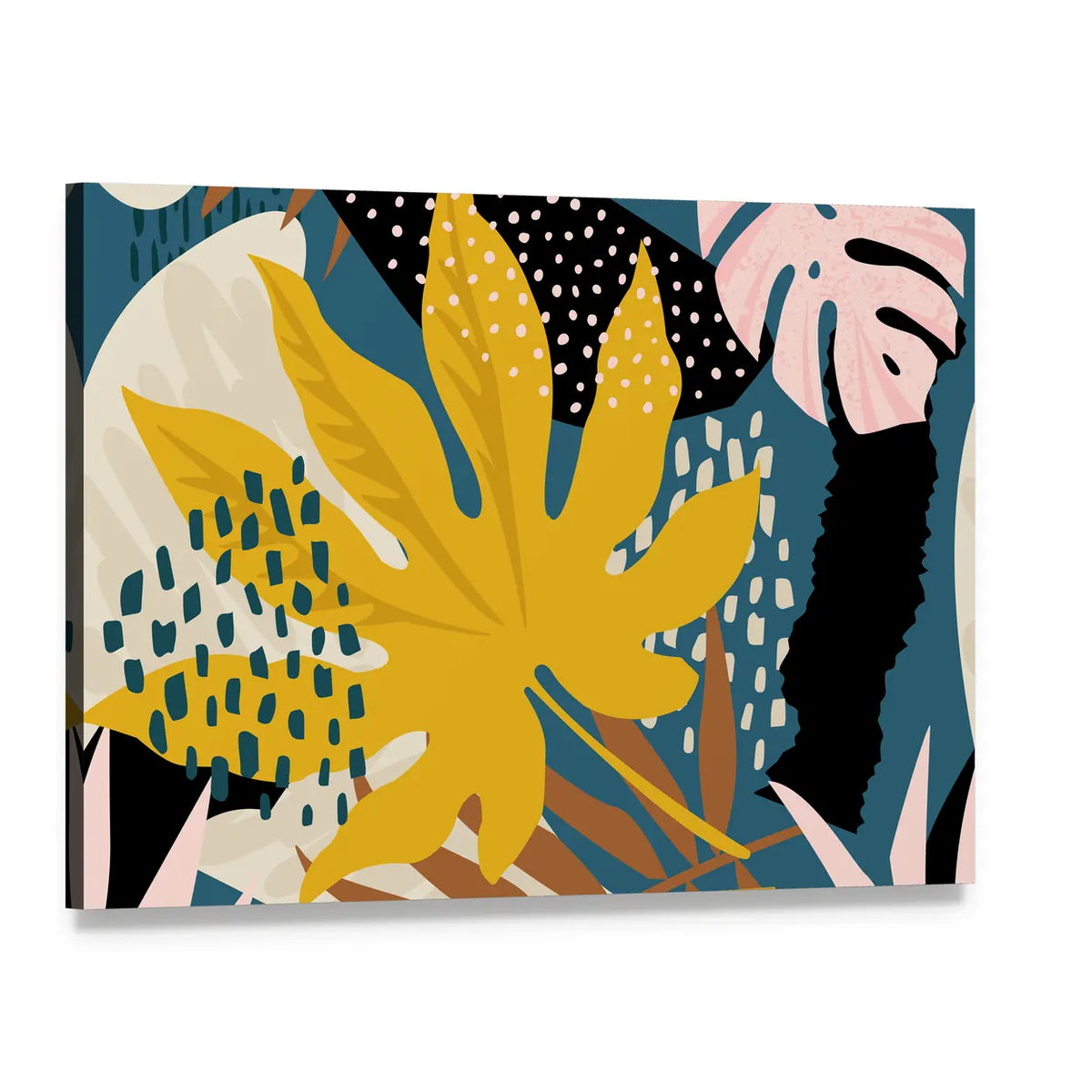 Abstract Tropical Leaves Pattern Canvas Wall Art, single panel gallery wrapped canvas, angled product view