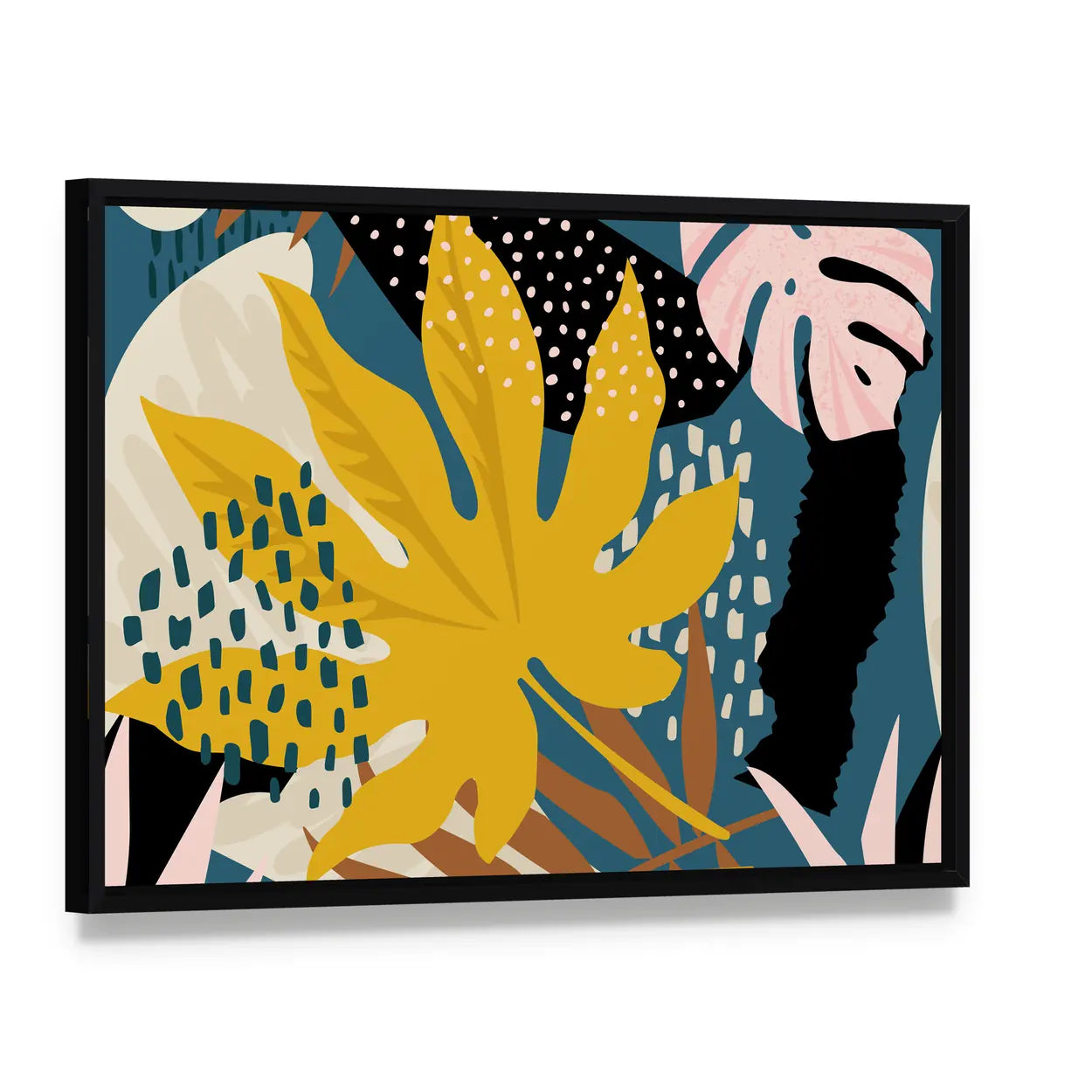 Abstract Tropical Leaves Pattern Canvas Wall Art, framed canvas in a black floater frame, angled product view