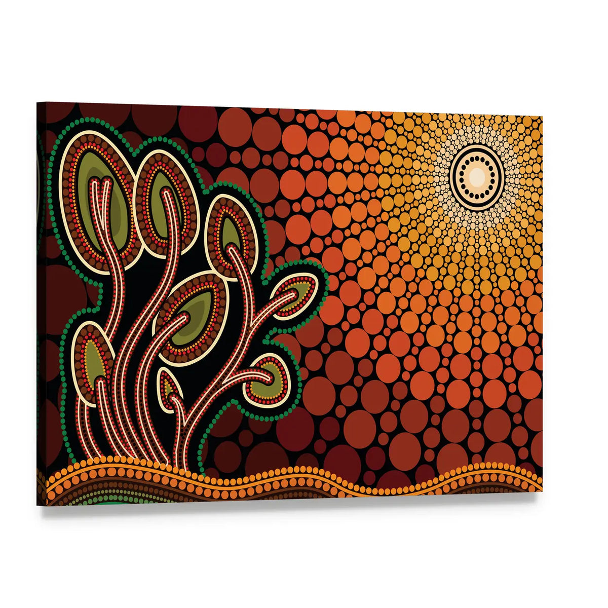 Aboriginal Tree on Hill Canvas Wall Art, single panel gallery wrapped canvas, angled product view