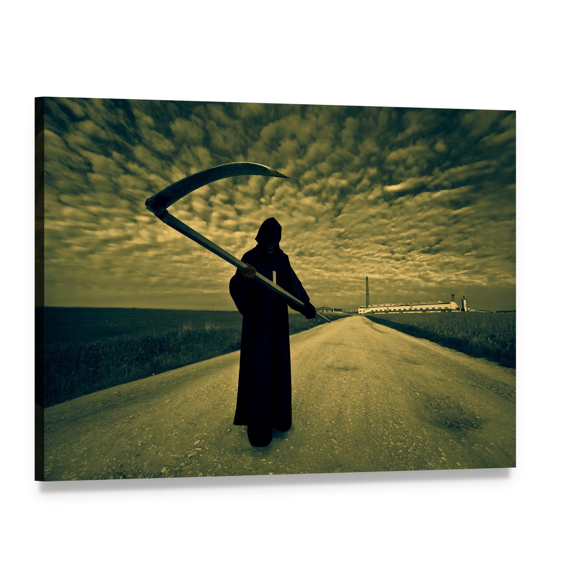 Grim Reaper on Dirt Road Canvas Wall Art, single panel gallery wrapped canvas, angled product view