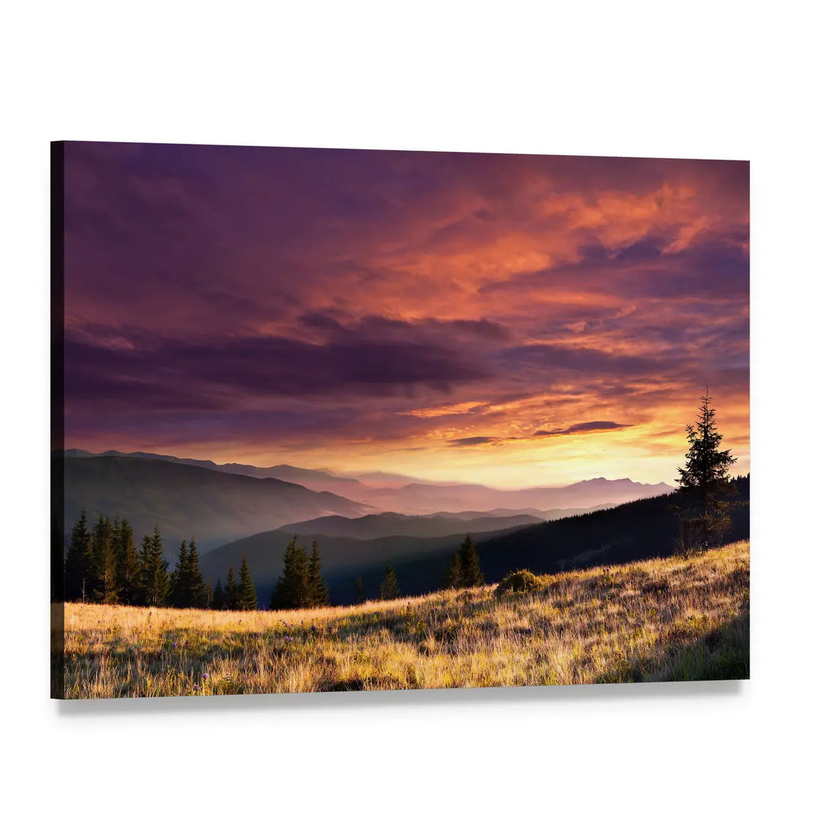 Summer Mountain Landscape at Sunset Canvas Wall Art, single panel gallery wrapped canvas, angled product view