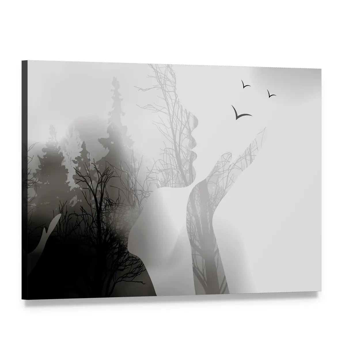 Woman Silhouette with Forest and Birds Canvas Wall Art, single panel gallery wrapped canvas, angled product view
