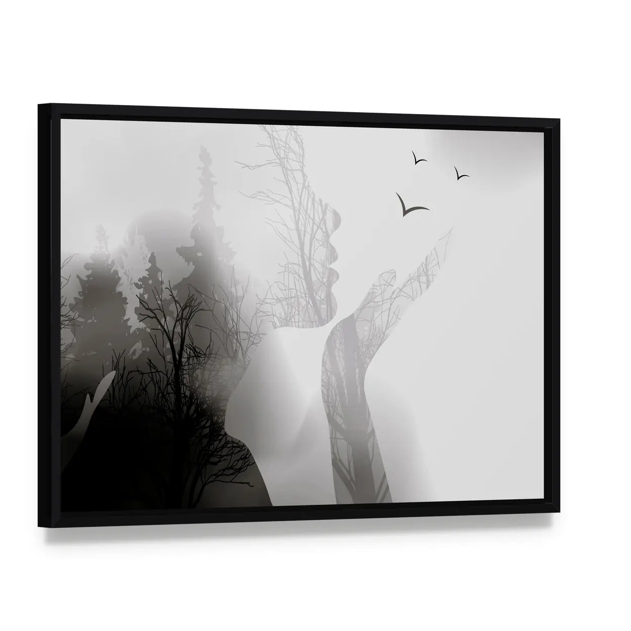 Woman Silhouette with Forest and Birds Canvas Wall Art, framed canvas in a black floater frame, angled product view