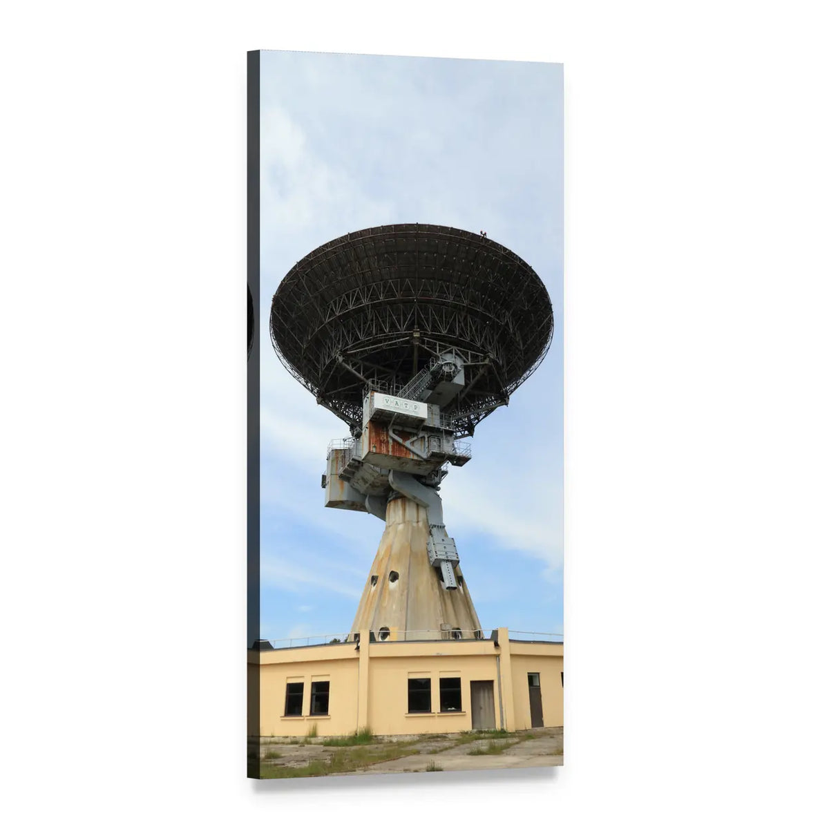 Radio Telescope Dish Over Concrete Tower Vertical Canvas Wall Art, 1 panel 1 Vertical layout gallery wrapped canvas set, angled product view