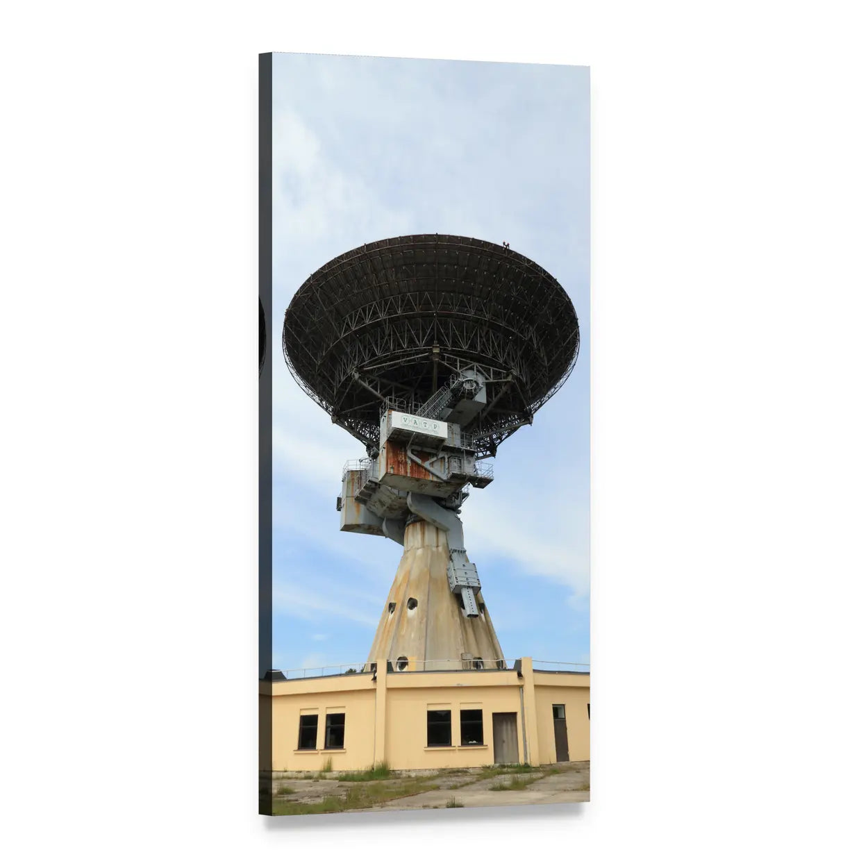 Radio Telescope Dish Over Concrete Tower Vertical Canvas Wall Art, 1 panel 1 Vertical layout gallery wrapped canvas set, angled product view