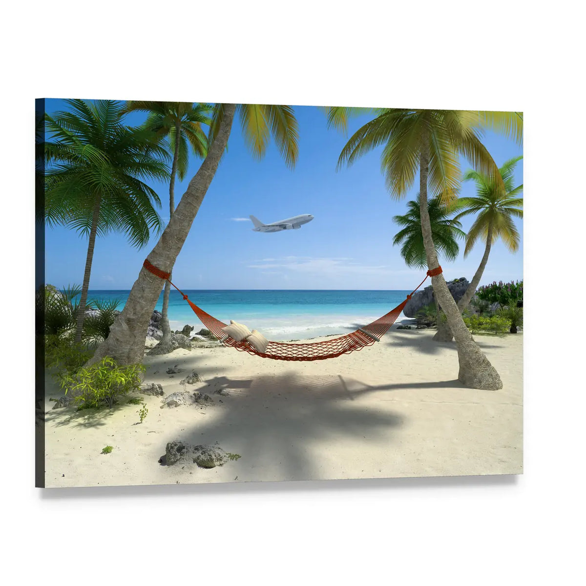 Hammock Between Palm Trees on Tropical Beach Canvas Wall Art, single panel gallery wrapped canvas, angled product view