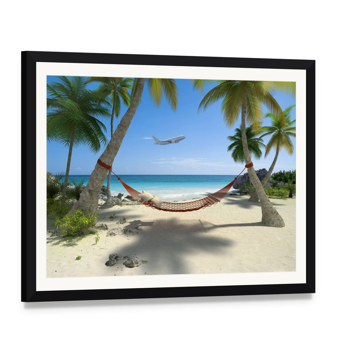 Tropical Beach Hammock Canvas Wall Art, framed print with white mat and black frame, angled product view