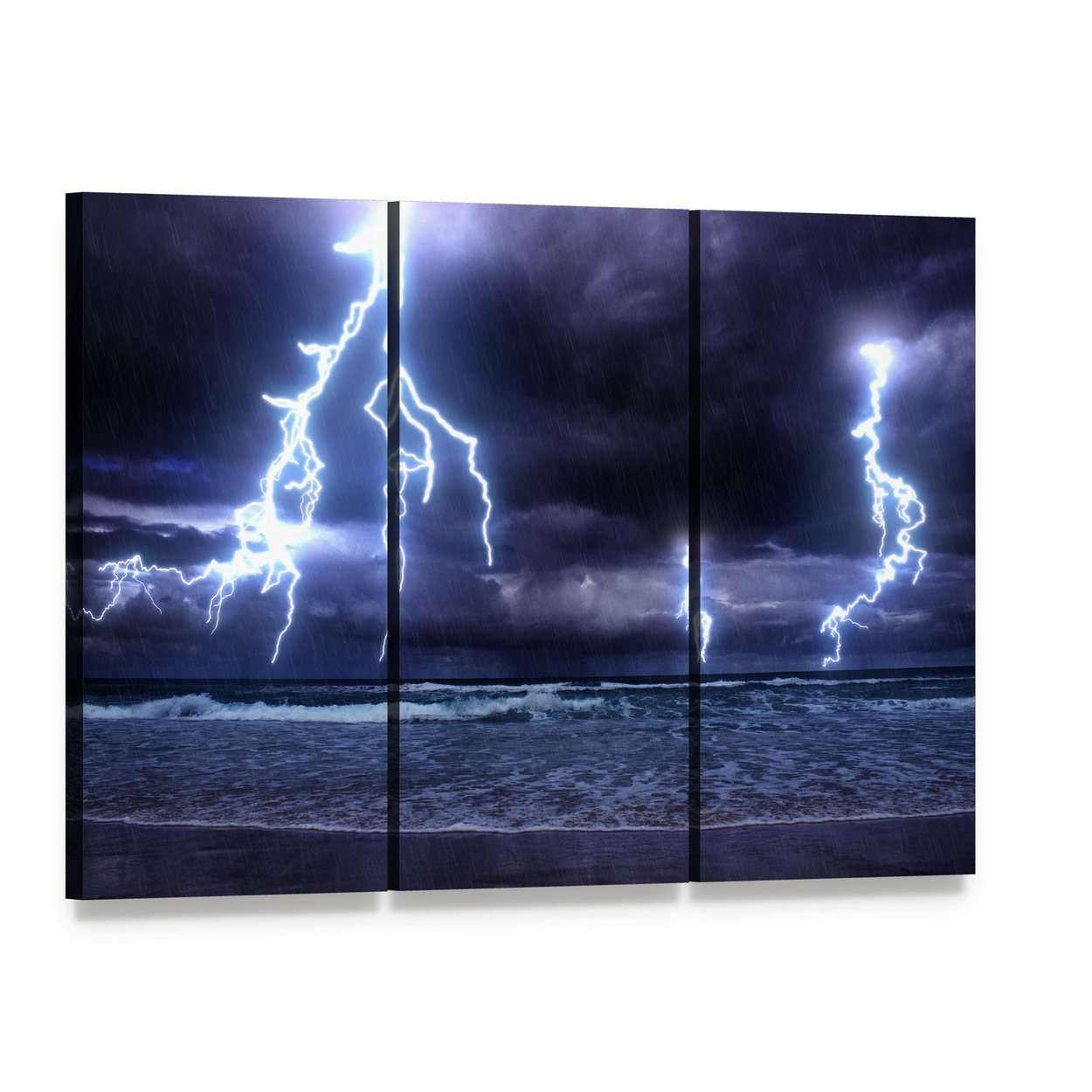 Ocean Storm with Multiple Lightning Strikes Canvas Wall Art, 3 panel 3 Horizontal layout gallery wrapped canvas set, angled product view
