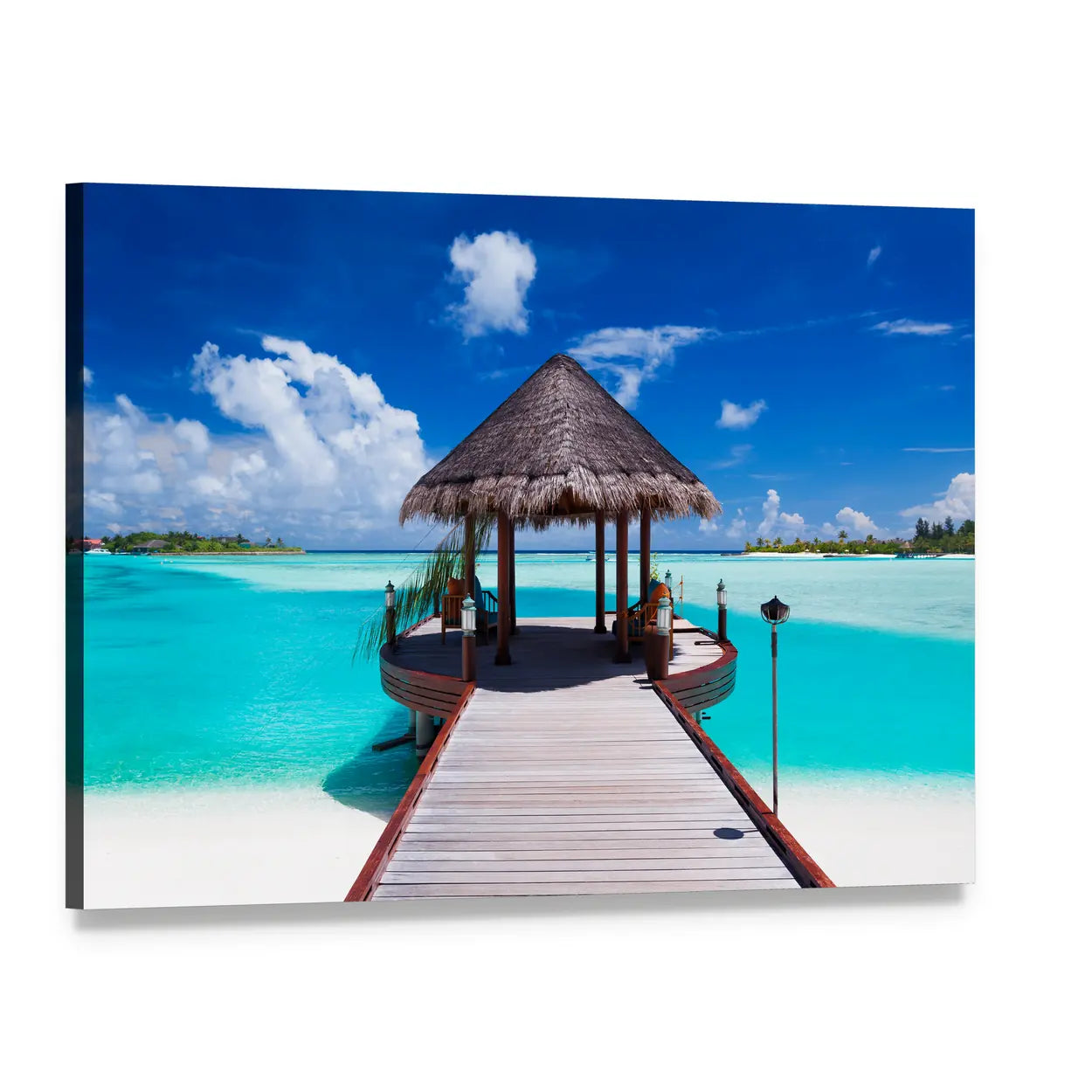 Thatched Jetty Over Turquoise Ocean Canvas Wall Art, single panel gallery wrapped canvas, angled product view