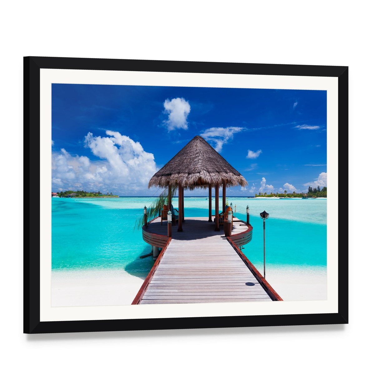 Pier with Ocean and Hut View Canvas Wall Art, framed print with white mat and black frame, angled product view