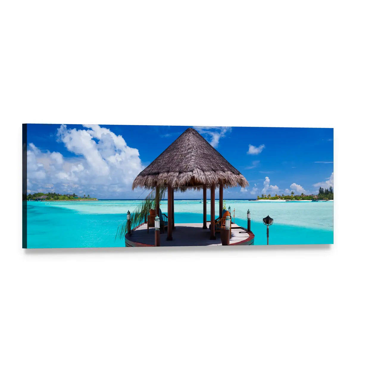 Thatched Gazebo Over Turquoise Water Panoramic Canvas Wall Art, single panel gallery wrapped canvas, angled product view
