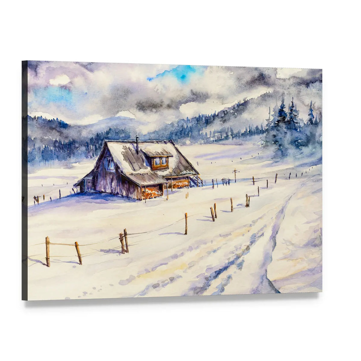 Snowy Cottage in Winter Mountains Canvas Wall Art, single panel gallery wrapped canvas, angled product view