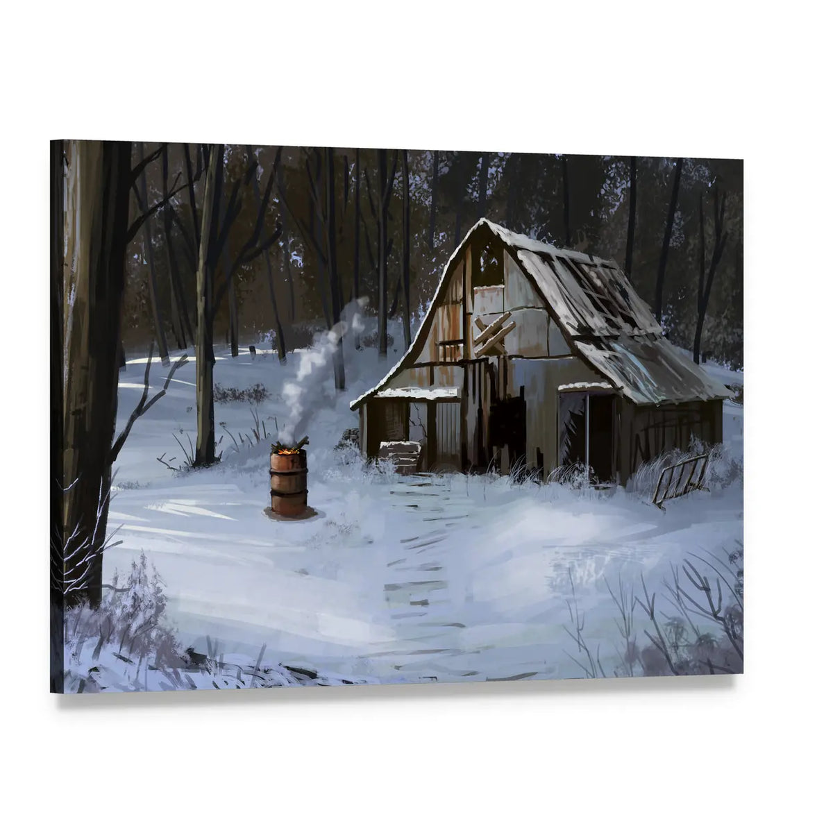 Small Cottage in Winter Forest Canvas Wall Art, single panel gallery wrapped canvas, angled product view