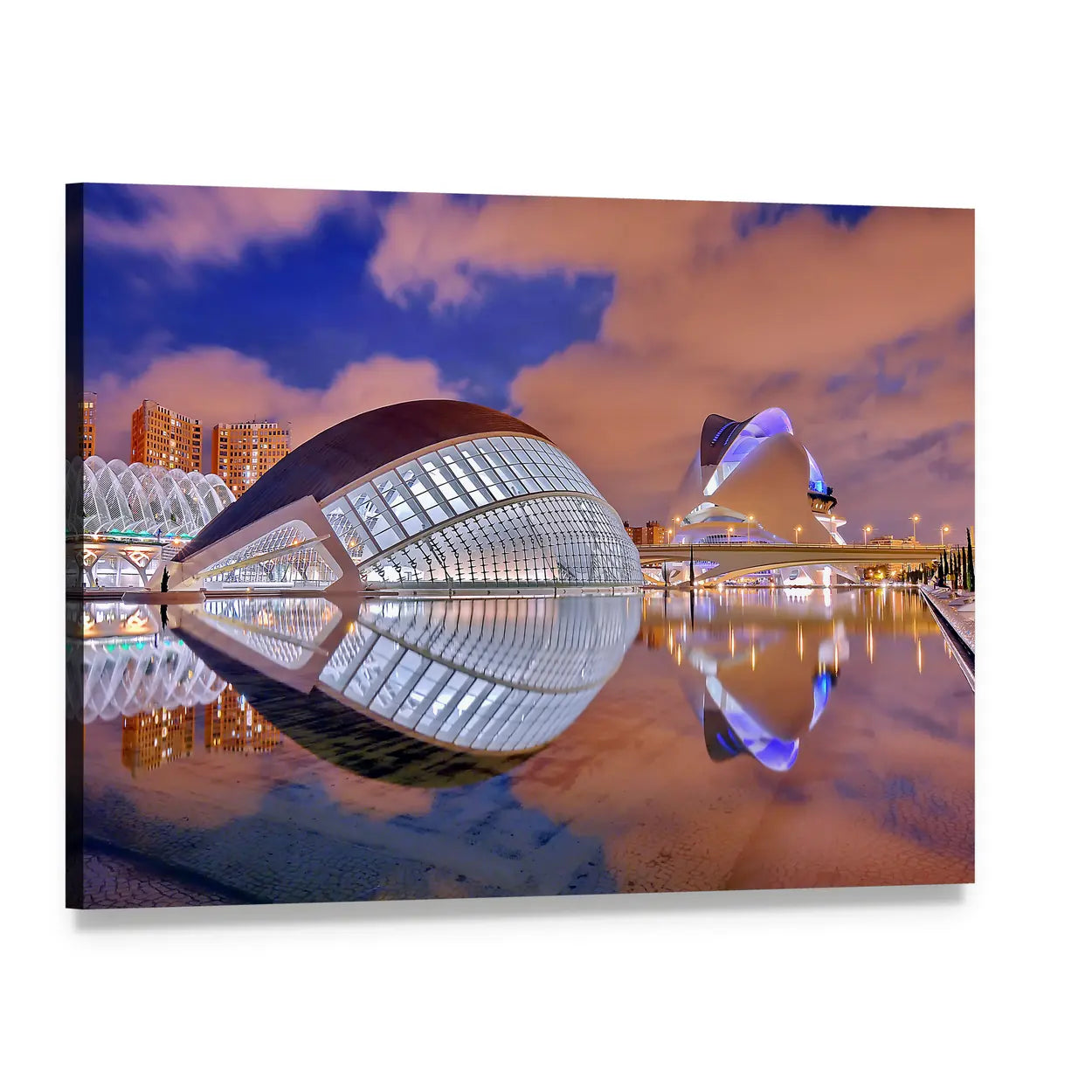 City of Arts and Sciences at Dusk Canvas Wall Art, single panel gallery wrapped canvas, angled product view