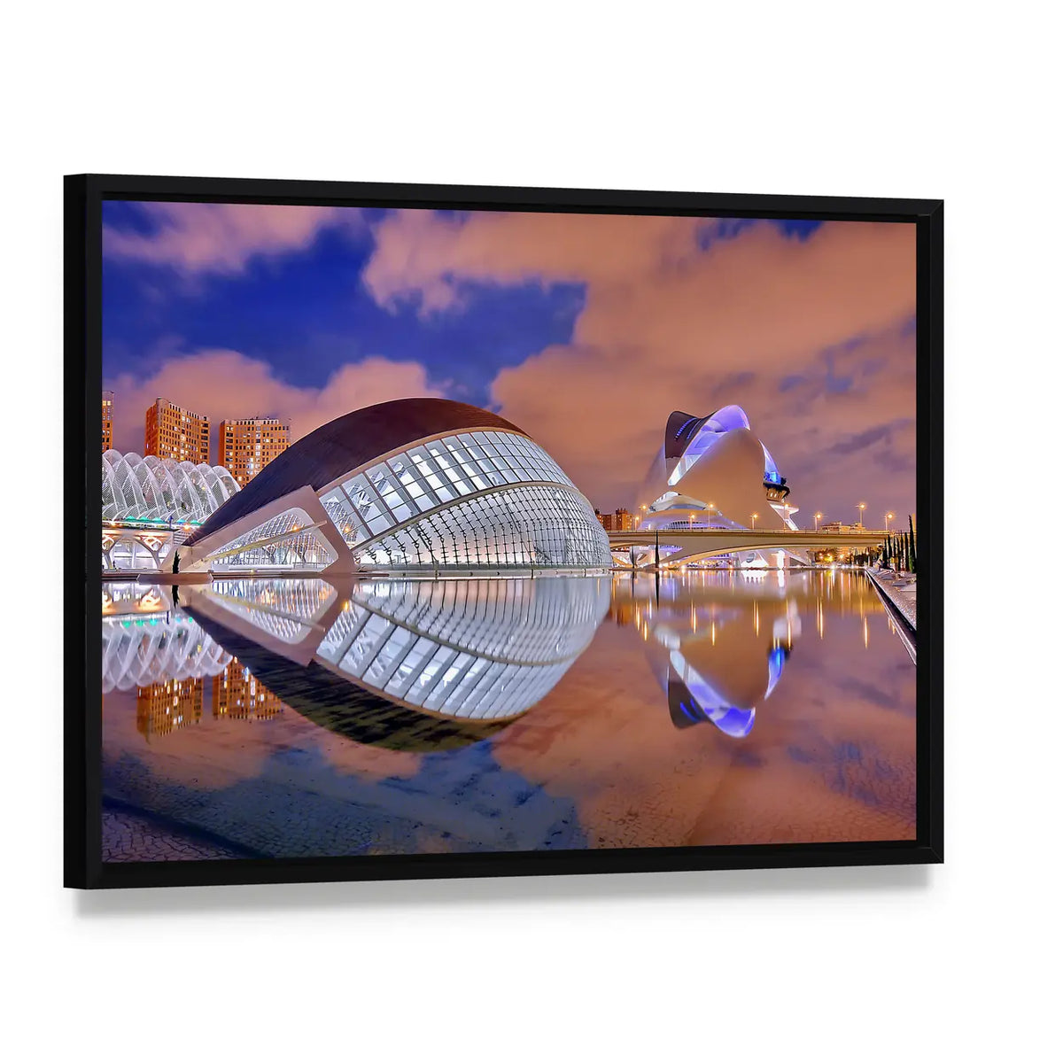 City of Arts and Sciences at Dusk Canvas Wall Art, framed canvas in a black floater frame, angled product view