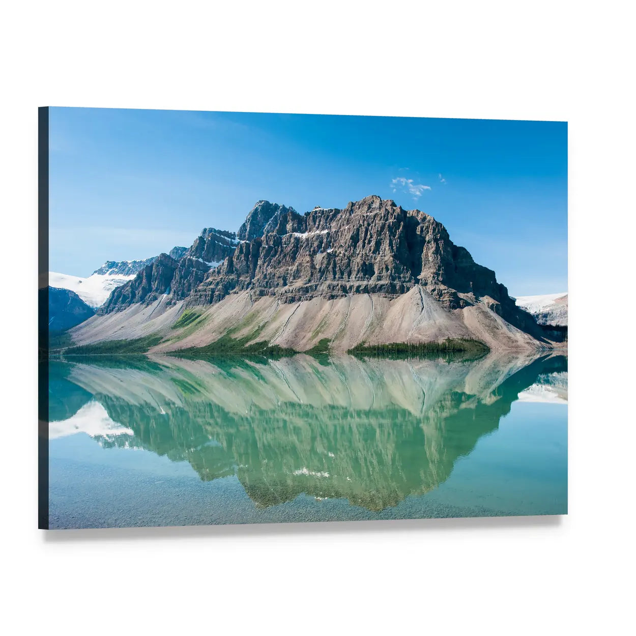 Bow Lake Canada Reflection Canvas Wall Art, single panel gallery wrapped canvas, angled product view