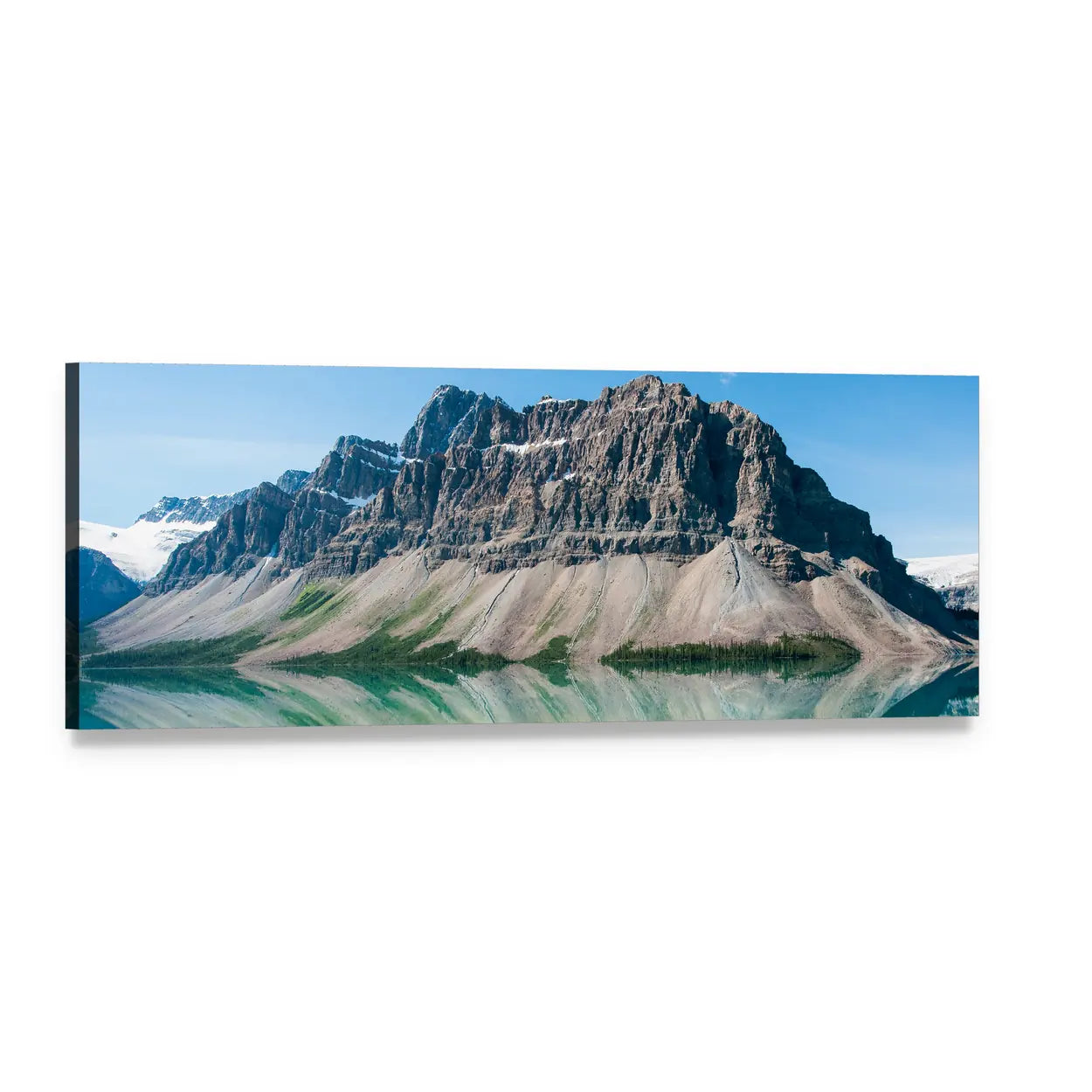 Bow Lake Mountain Reflection Panoramic Canvas Wall Art, single panel gallery wrapped canvas, angled product view
