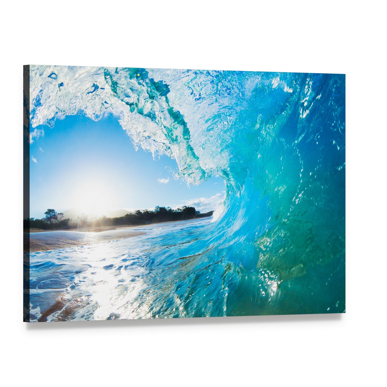 Turquoise Ocean Wave Canvas Wall Art, single panel gallery wrapped canvas, angled product view