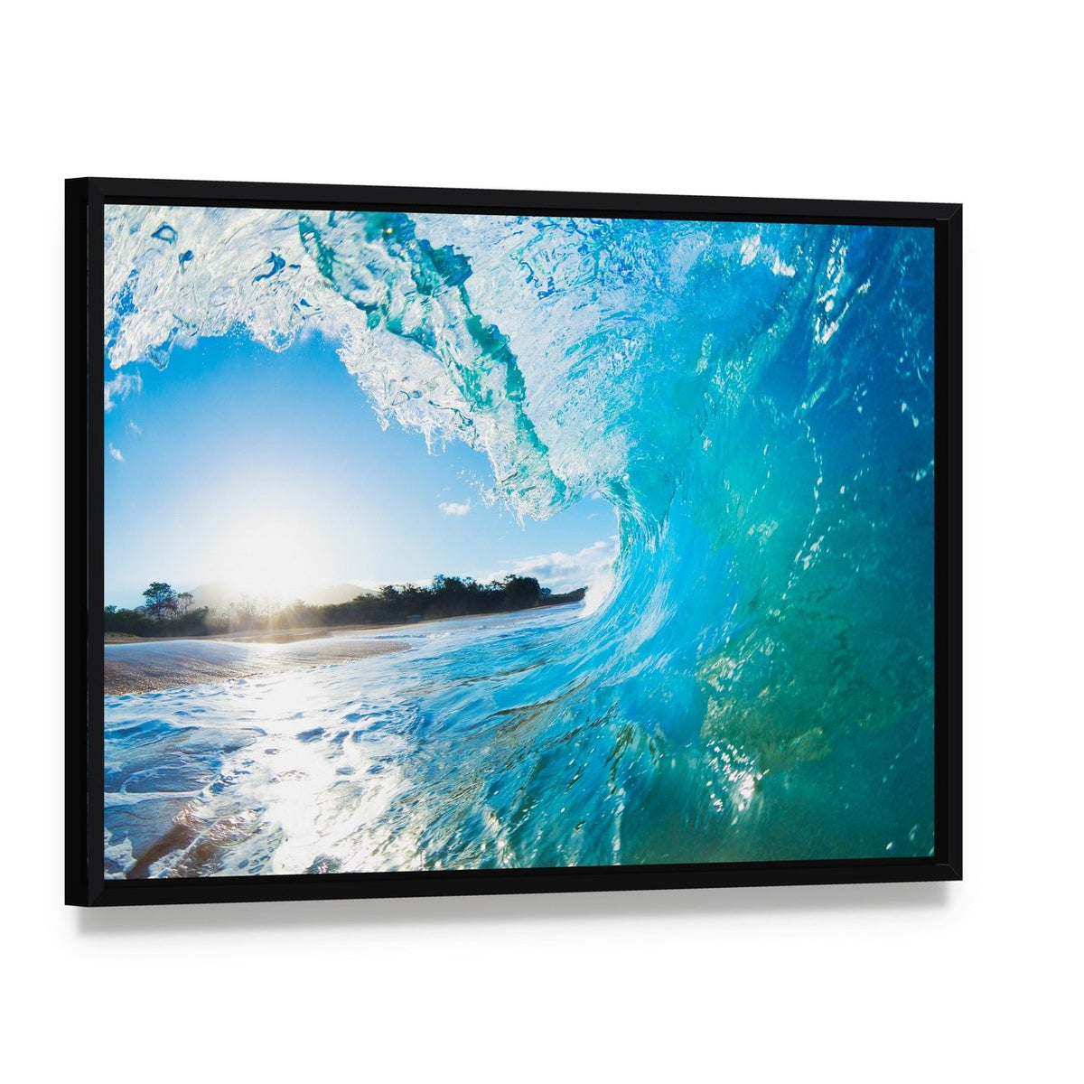 Turquoise Ocean Wave Canvas Wall Art, framed canvas in a black floater frame, angled product view