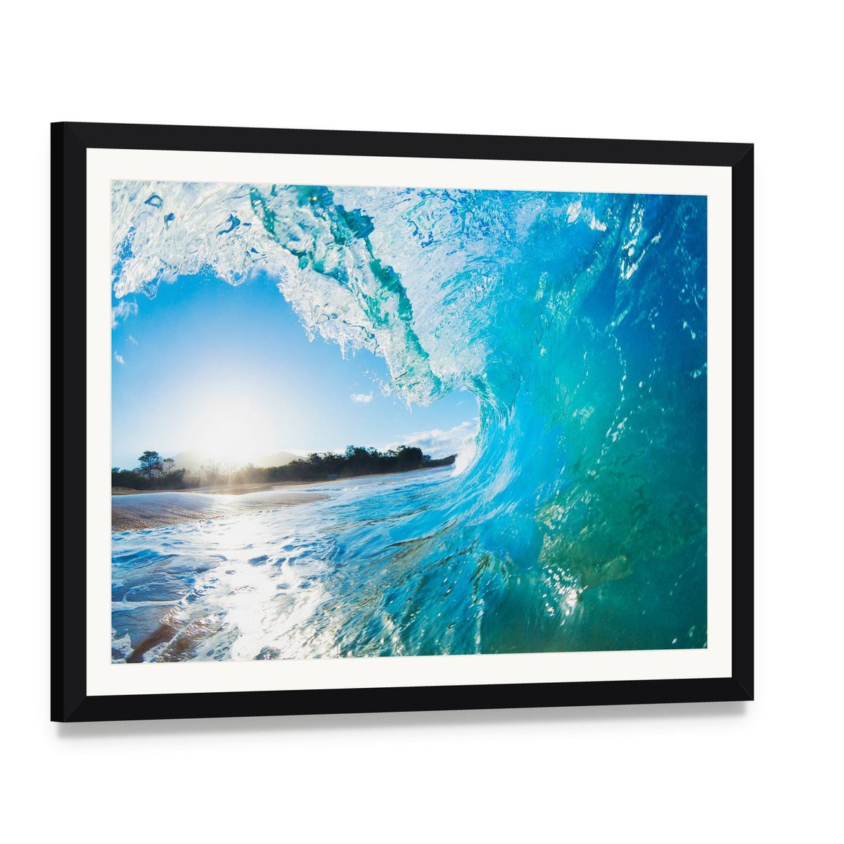 Turquoise Ocean Wave Canvas Wall Art, framed print with white mat and black frame, angled product view
