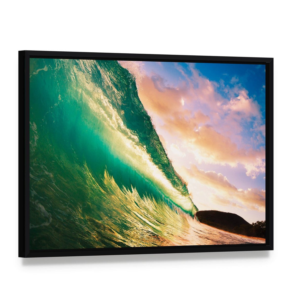 Sunset Ocean Wave Canvas Wall Art, framed canvas in a black floater frame, angled product view