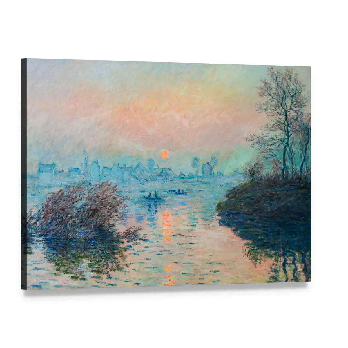 Claude Monet Sunset Over River Canvas Wall Art, single panel gallery wrapped canvas, angled product view