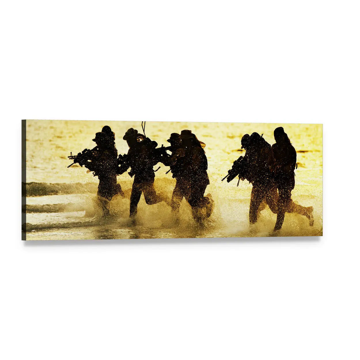 Five Soldiers Running in Golden Silhouette Panoramic Canvas Wall Art, single panel gallery wrapped canvas, angled product view